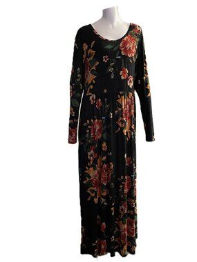 Longyuan Maxi Dress Womens 2XL Black Floral Knit Pullover Long Sleeve Pockets